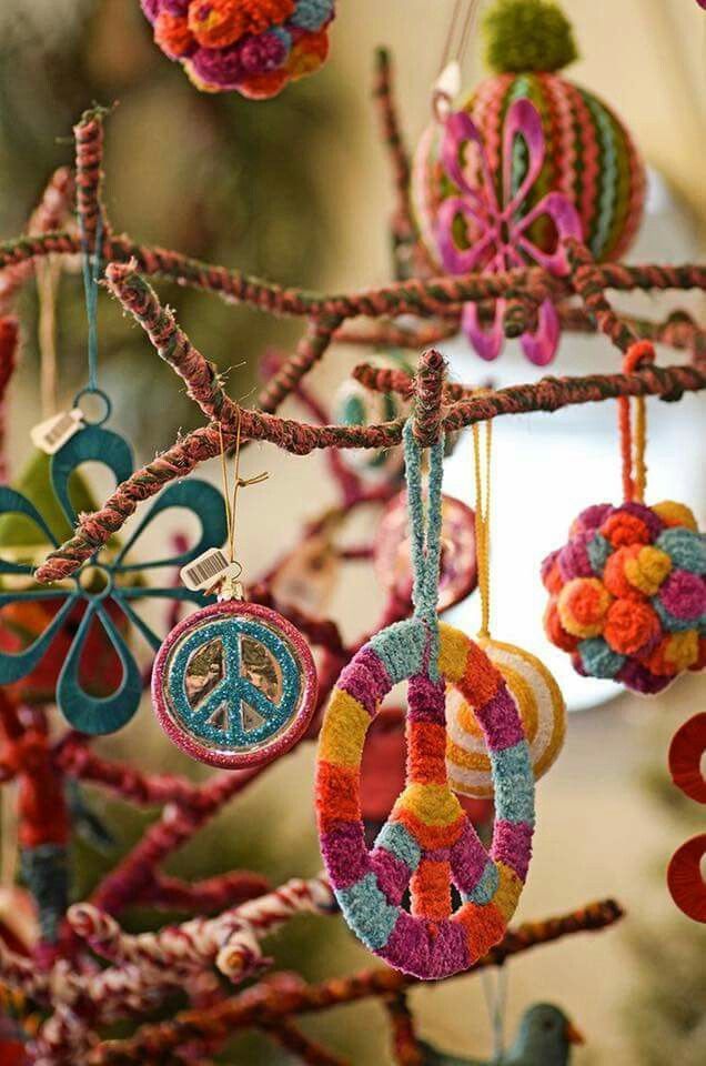 Multicolor ornaments for Christmas tree. Boho christmas